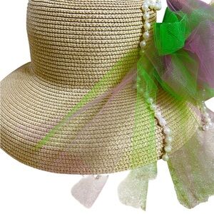 Elegant Straw Hat with Green and Pink Accents